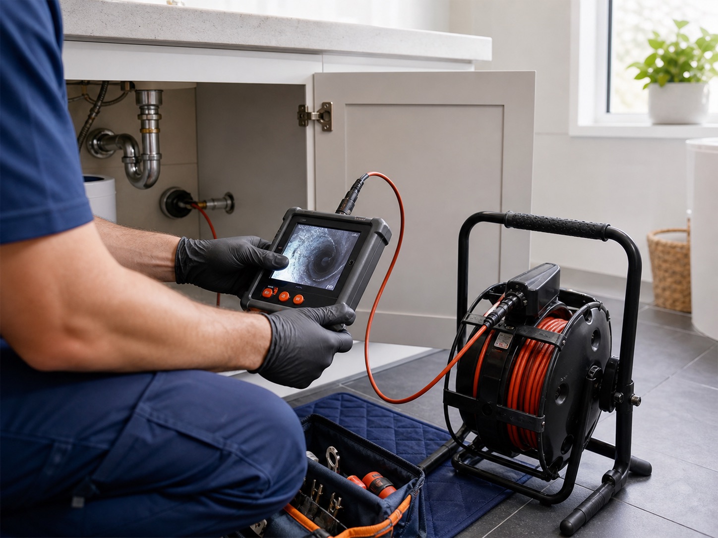 Professional plumber using a drain camera to inspect a residential pipe