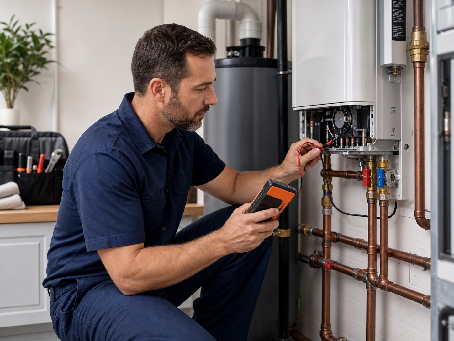 Full Clean plumber diagnosing a residential tankless water heater